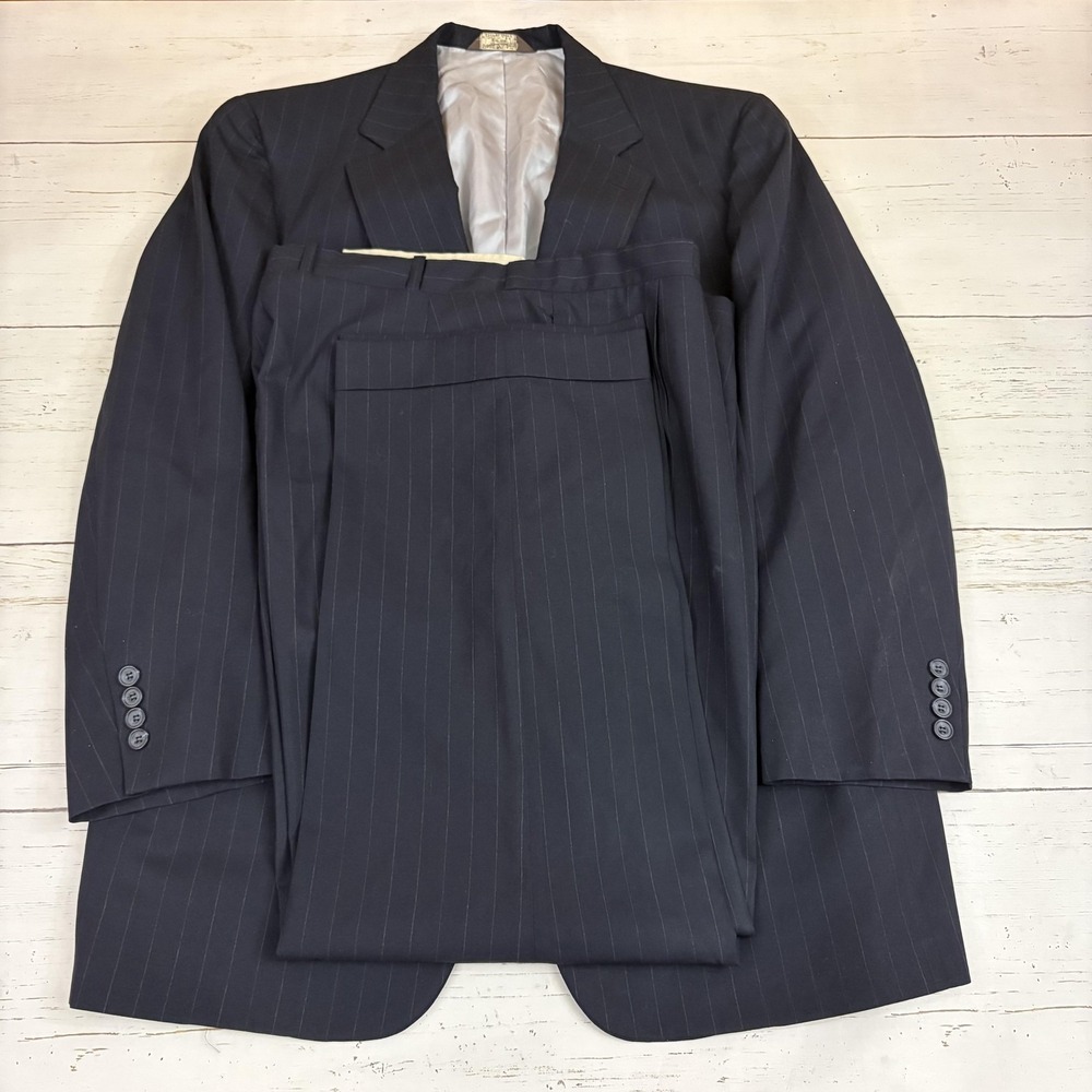 Paul Stuart Suit Mens Navy Pinstripe Wool 2 Pc Tailored In USA Lined Classic - Picture 1 of 16
